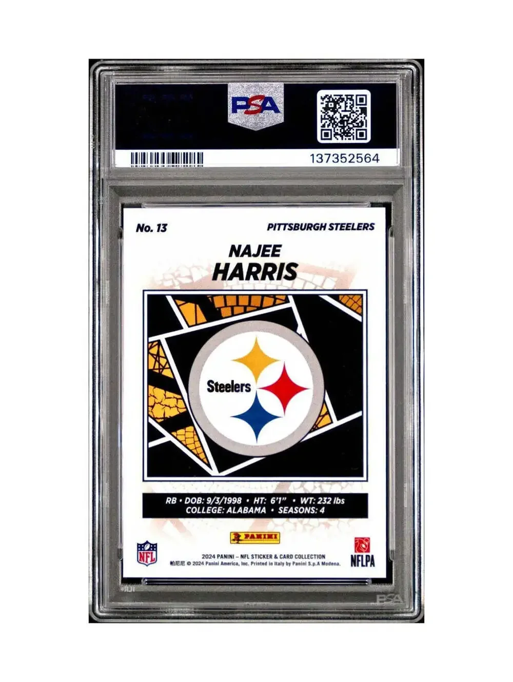 Najee Harris 2024 Panini Sticker Collection 260/349 #13 Blue Foil PSA 8 NM-MT